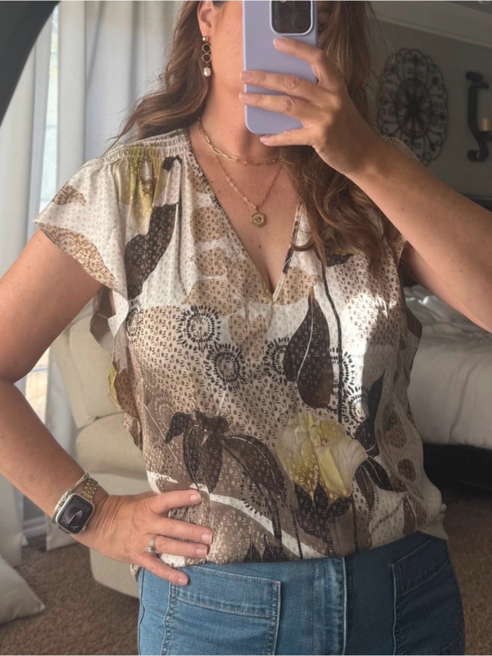 Printed V-Neck Flutter Sleeve Top in Cream and Brown